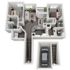 Modern apartment floor plan featuring two bedrooms, open living space, kitchen, and garage.