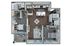 Modern two-bedroom apartment floor plan with open living space, balcony, and two bathrooms.
