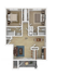 Modern apartment floor plan with 2 bedrooms, spacious living area, and open kitchen layout.