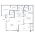 Chic floor plan showcasing 2 bedrooms, a master suite, open living and dining area, and a patio.