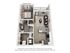 3D floor plan depicting a one-bedroom apartment with an open living area, kitchen, and private balcony.