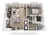 3D floor plan showing an open-concept living area with a kitchen, one bedroom, bathroom, and laundry space.