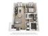 3D floor plan of a stylish one-bedroom apartment with a spacious living area and modern kitchen.