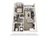 3D floor plan of a modern one-bedroom apartment with open-concept living area and efficient kitchen.