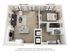 3D floor plan of a luxury one-bedroom apartment with open living area, modern kitchen, and spacious bedroom.