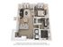 3D floor plan showcasing a one-bedroom apartment with an open kitchen, dining area, cozy living room, and modern bathroom.