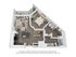 3D floor plan of a stylish one-bedroom apartment with open living area and modern kitchen.