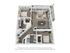 3D apartment floor plan featuring two spacious bedrooms, a modern open living area, and a sleek kitchen with island.