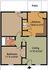 Inviting 1-bedroom floor plan with open living area, kitchen, and patio access.