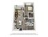 3D floor plan showing one bedroom, an open-concept living room, and a sleek kitchen.