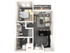 Elegant 1-bedroom apartment floor plan with a balcony, modern kitchen, and spacious living area.