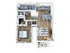 Bright and modern 1-bedroom apartment layout with open-concept kitchen and living area, chic bathroom, and cozy patio space.