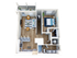 Charming 3D floor plan showcasing 1 bedroom, inviting living room, and modern kitchen with countertop seating.