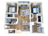 Modern apartment floor plan featuring two bedrooms, an open-concept living area, stylish kitchen with island seating, and cozy balcony access.