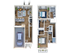 Modern two-story apartment floor plan featuring two bedrooms, open living area, stylish kitchen, and an attached garage.