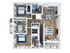 Modern 3D floor plan featuring three cozy bedrooms, a sleek open-concept kitchen, spacious living and dining area, and two elegant bathrooms.