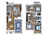 Chic and modern duplex floor plan featuring 3 bedrooms, stylish open-concept living area, sleek kitchen, outdoor patio, and garage space.